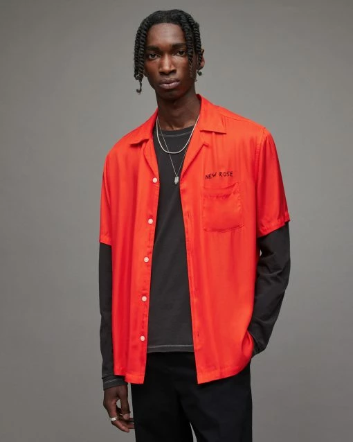 Cheapest ✨ Rose Embroidered 👕 Shirt Vermillion Red ⌛ -Men's Shirts popular shop MS052X 5130 1