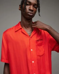 Cheapest ✨ Rose Embroidered 👕 Shirt Vermillion Red ⌛ -Men's Shirts popular shop MS052X 5130 2