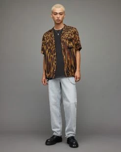 Best Sale 😀 Distortion Leopard Print 👕 Shirt Goldtone Yellow ✔️ -Men's Shirts popular shop MS096X 7823 3