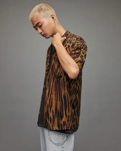 Best Sale 😀 Distortion Leopard Print 👕 Shirt Goldtone Yellow ✔️ -Men's Shirts popular shop MS096X 7823 4