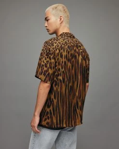 Best Sale 😀 Distortion Leopard Print 👕 Shirt Goldtone Yellow ✔️ -Men's Shirts popular shop MS096X 7823 5